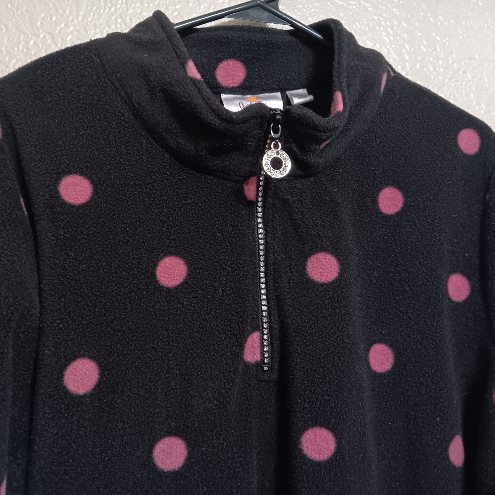Quacker Factory Black Pink Polka Dot Fleece 1/4 Zip Top - Picture 2 of 4